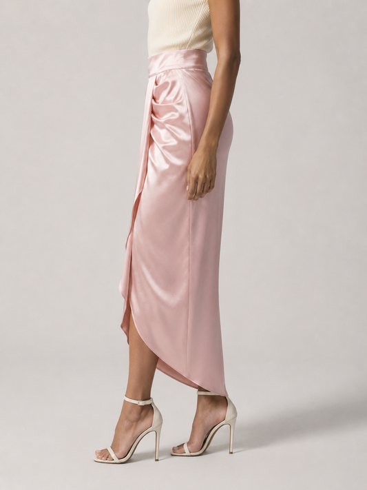 Gonna midi donna drappeggiata effetto raso con arricciature e spacco