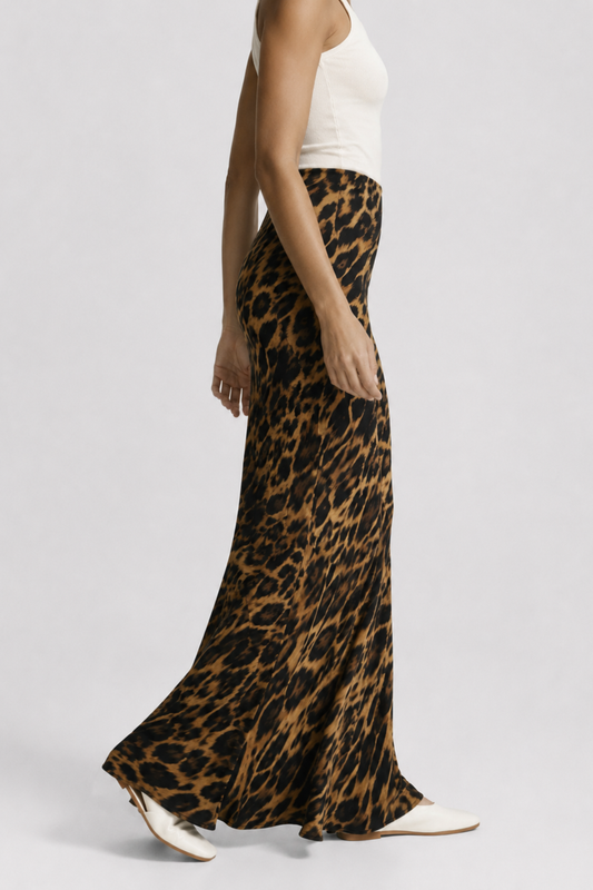 Gonna lunga animalier donna a vita bassa aderente con stampa leopardo