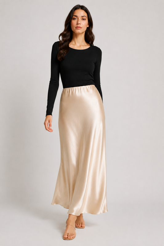 Gonna lunga donna in raso taglio sbieco effetto sottoveste elegante