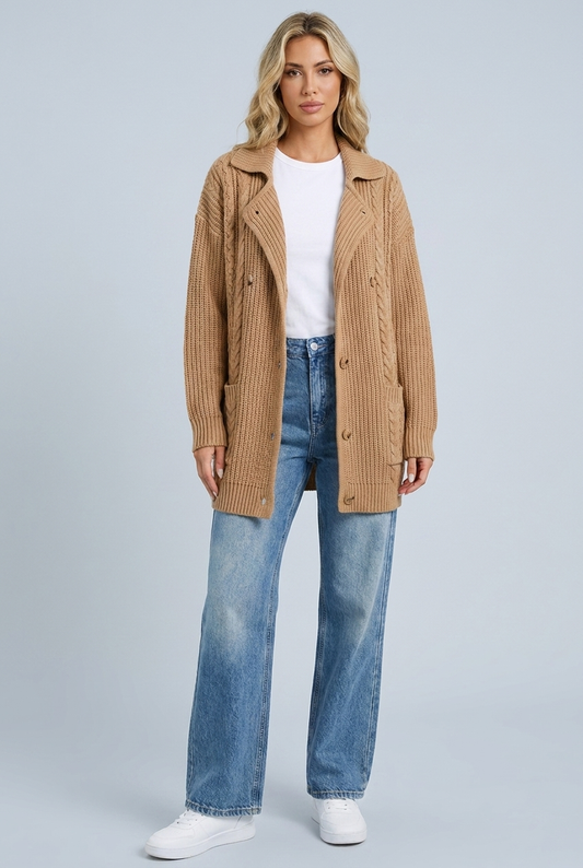 Womens camel cable knit long cardigan front