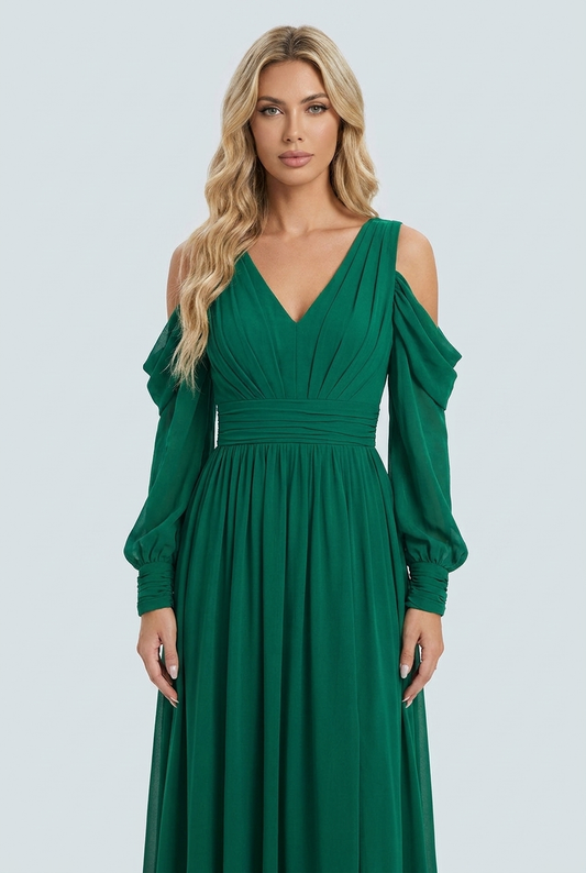 Green abito lungo chiffon verde smeraldo scollo v plisse maniche a sbuffo