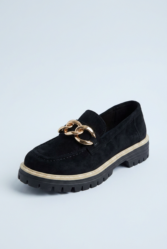 Black mocassini platform camoscio catena oro front