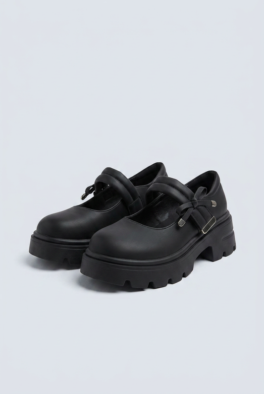 Black scarpe mary jane platform suola carrarmato fiocco fibbia punta tonda front