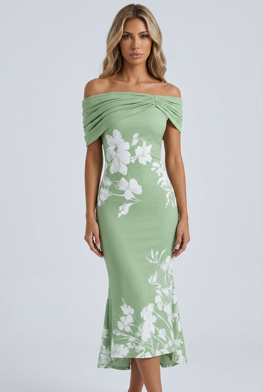 Green abito midi fiori off shoulder aderente bardot coda di sirena closeup