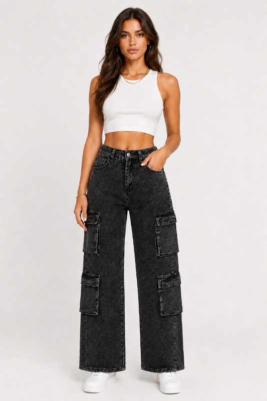 Jeans cargo donna a vita alta gamba dritta in denim con tasche