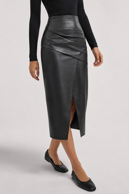 Gonna midi donna effetto pelle a vita alta con drappeggio e spacco