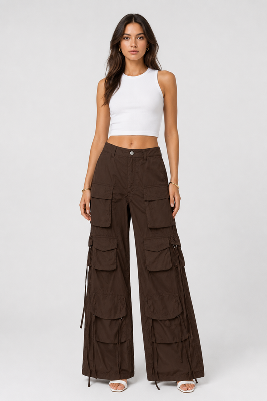 Pantaloni cargo donna gamba larga a vita alta con tasche e coulisse