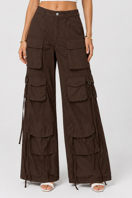 Pantaloni cargo donna gamba larga a vita alta con tasche e coulisse