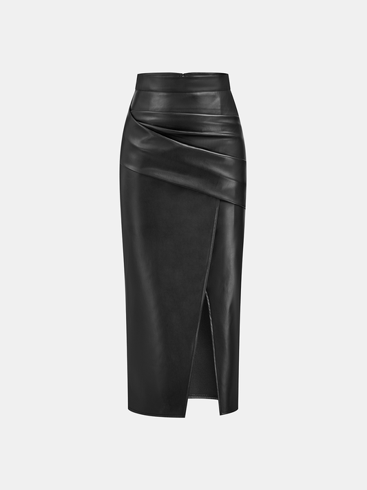 Gonna midi donna effetto pelle a vita alta con drappeggio e spacco
