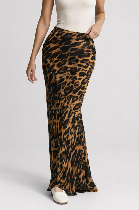 Gonna lunga animalier donna a vita bassa aderente con stampa leopardo