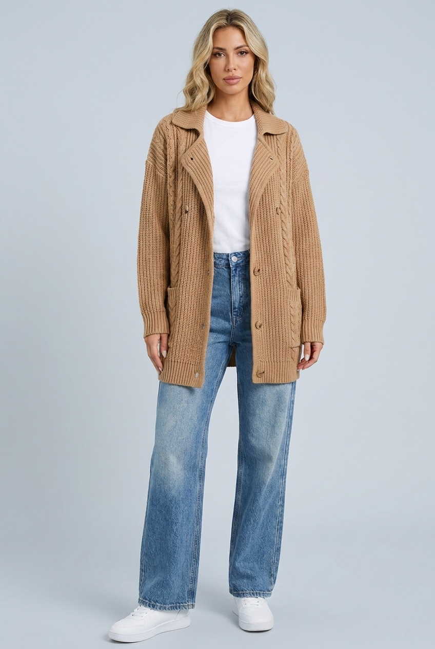Womens camel cable knit long cardigan front