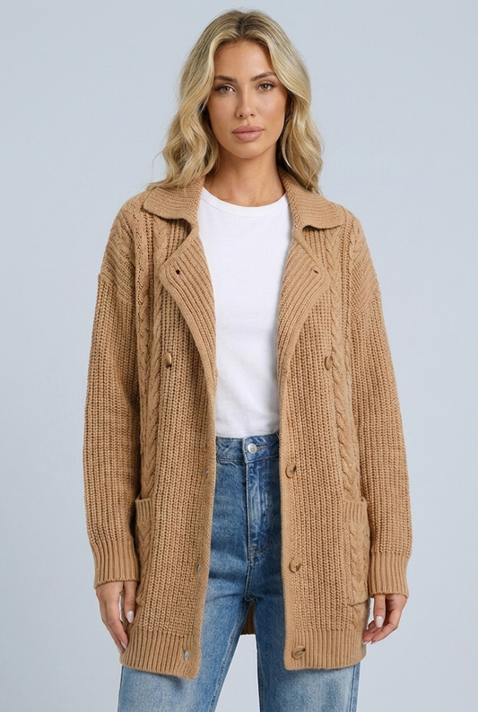 Womens camel cable knit long cardigan hero