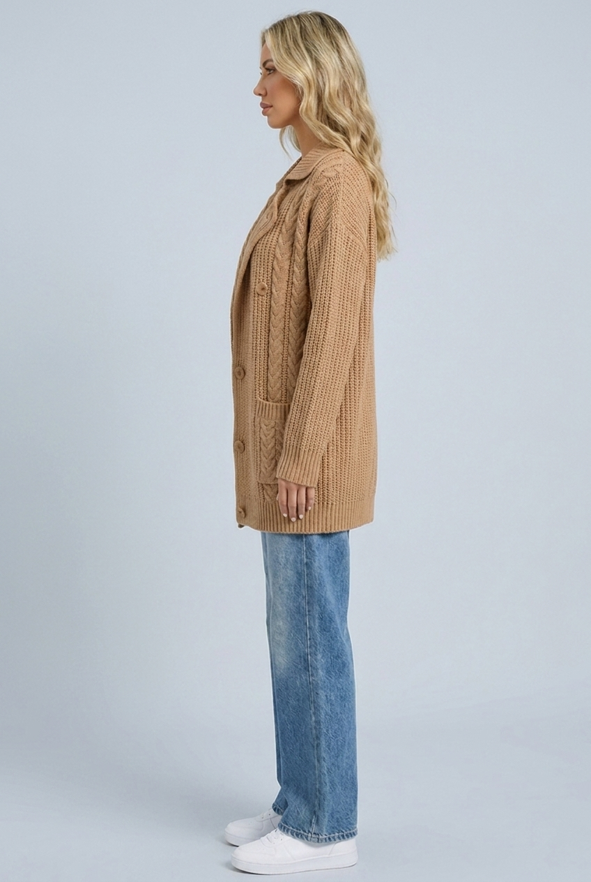 Womens camel cable knit long cardigan side