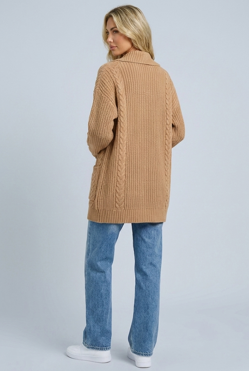 Womens camel cable knit long cardigan back