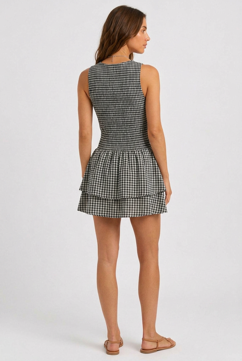 Abito a quadri donna smanicato con spalle scoperte, fantasia vichy nera