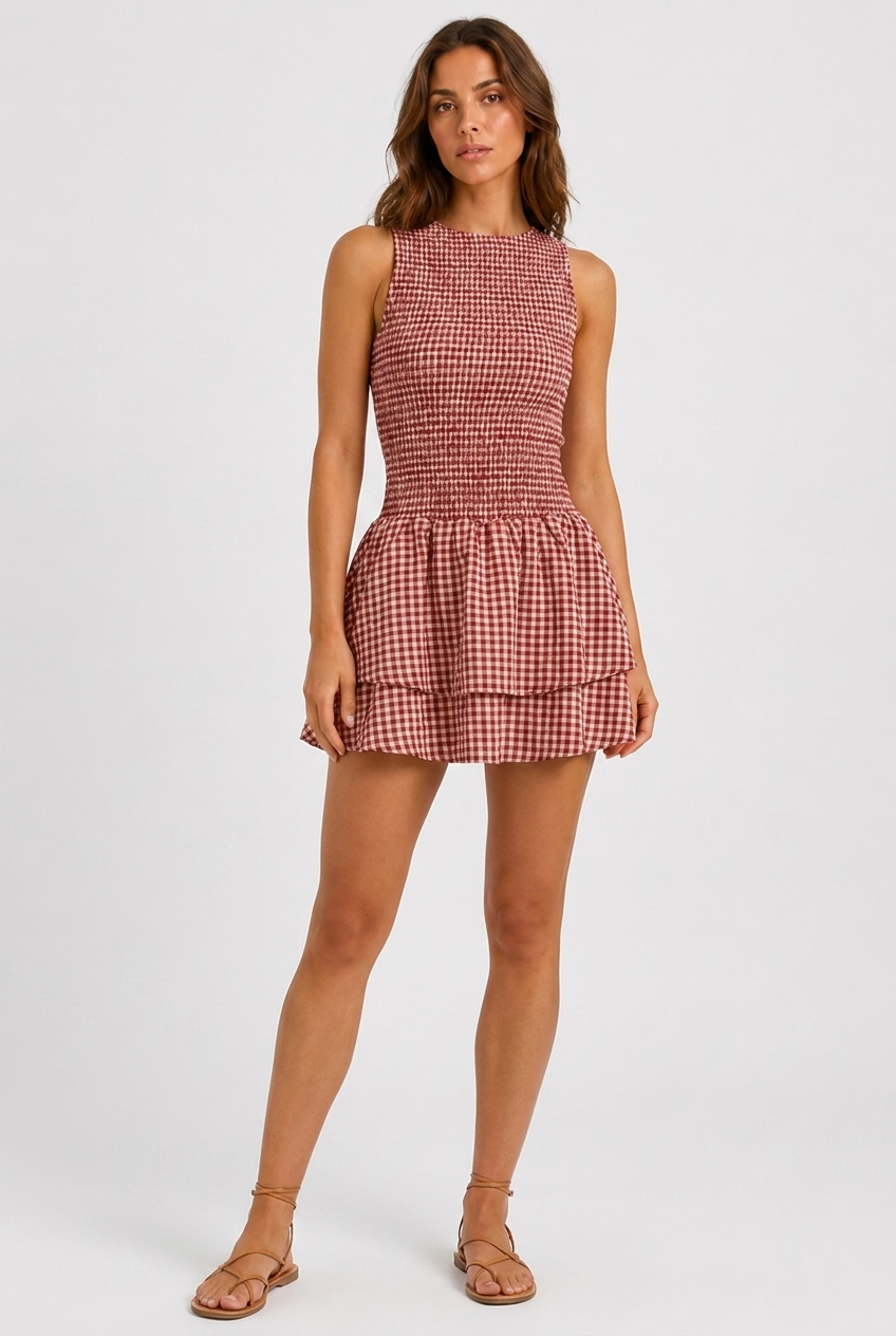 Abito a quadri donna smanicato con spalle scoperte, fantasia vichy rossa