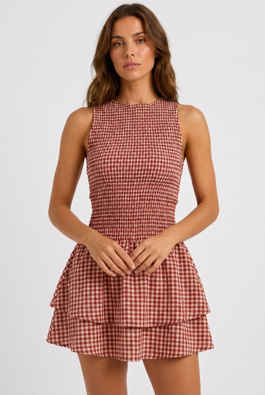 Abito a quadri donna smanicato con spalle scoperte, fantasia vichy rossa