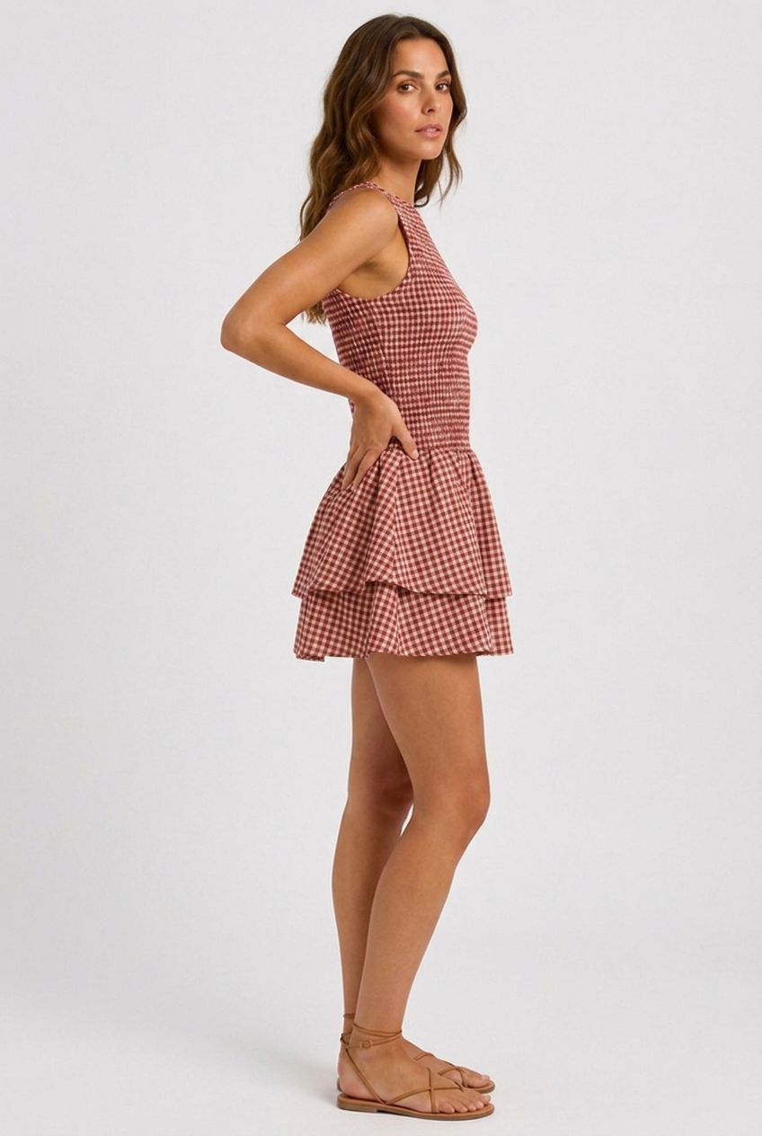 Abito a quadri donna smanicato con spalle scoperte, fantasia vichy rossa