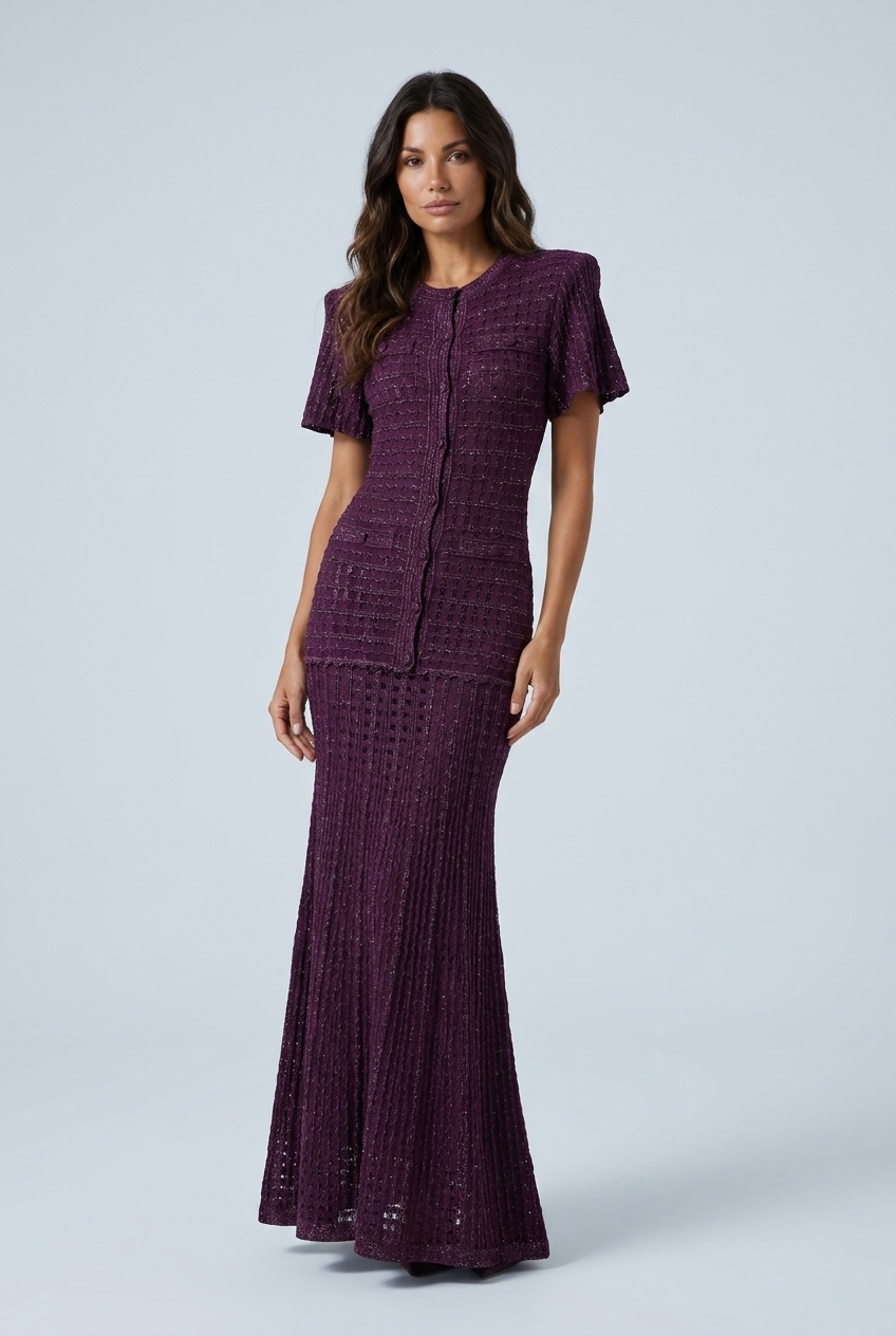 Purple abito lungo maglia traforata luccicante bottoni