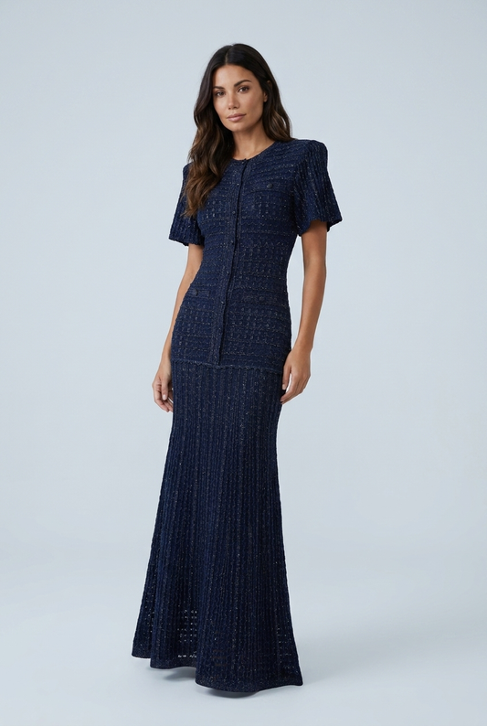 Navy abito lungo maglia traforata luccicante bottoni