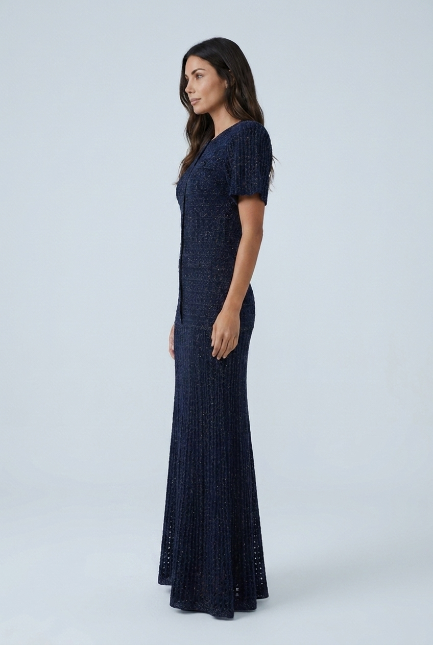 Navy abito lungo maglia traforata luccicante bottoni