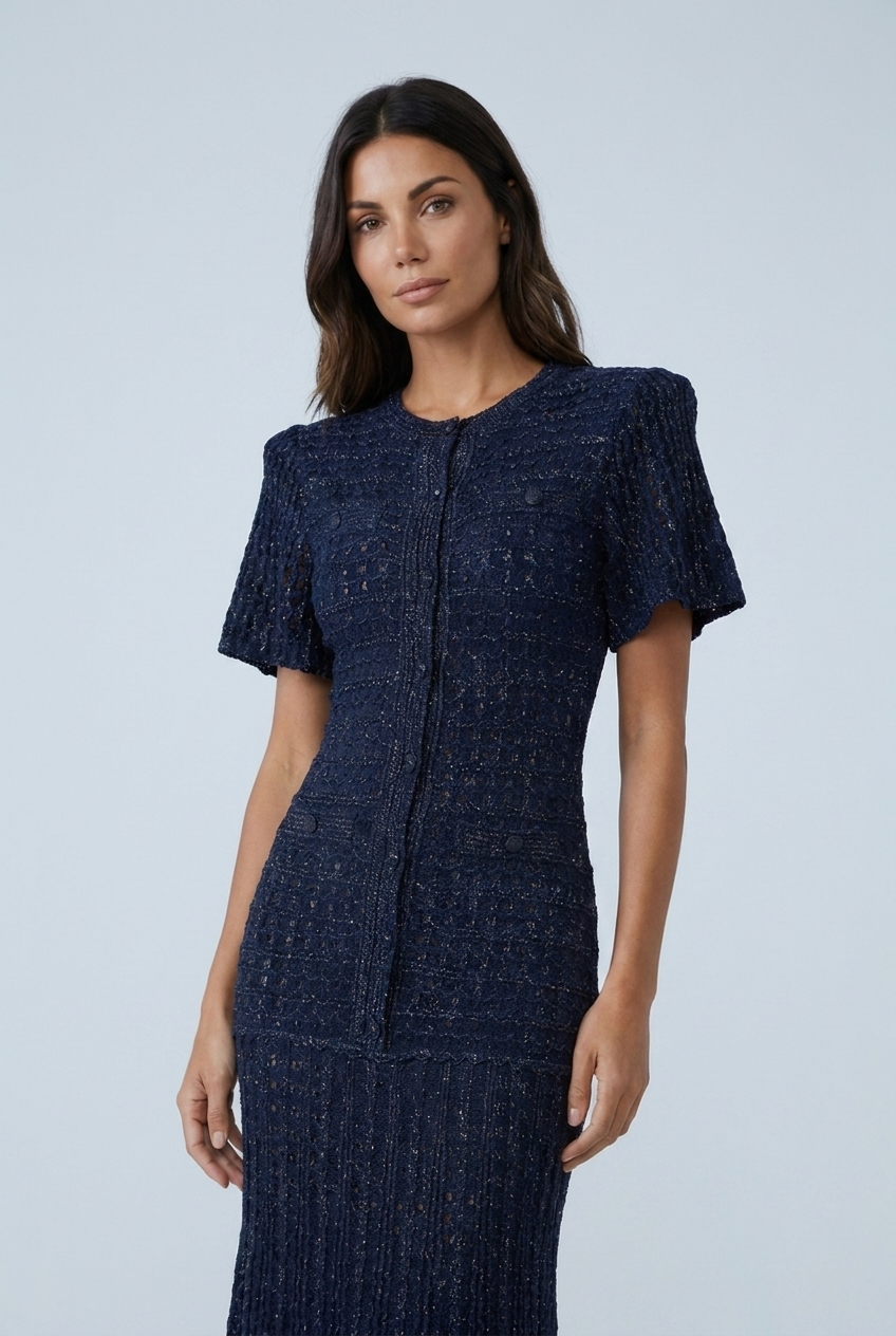 Navy abito lungo maglia traforata luccicante bottoni