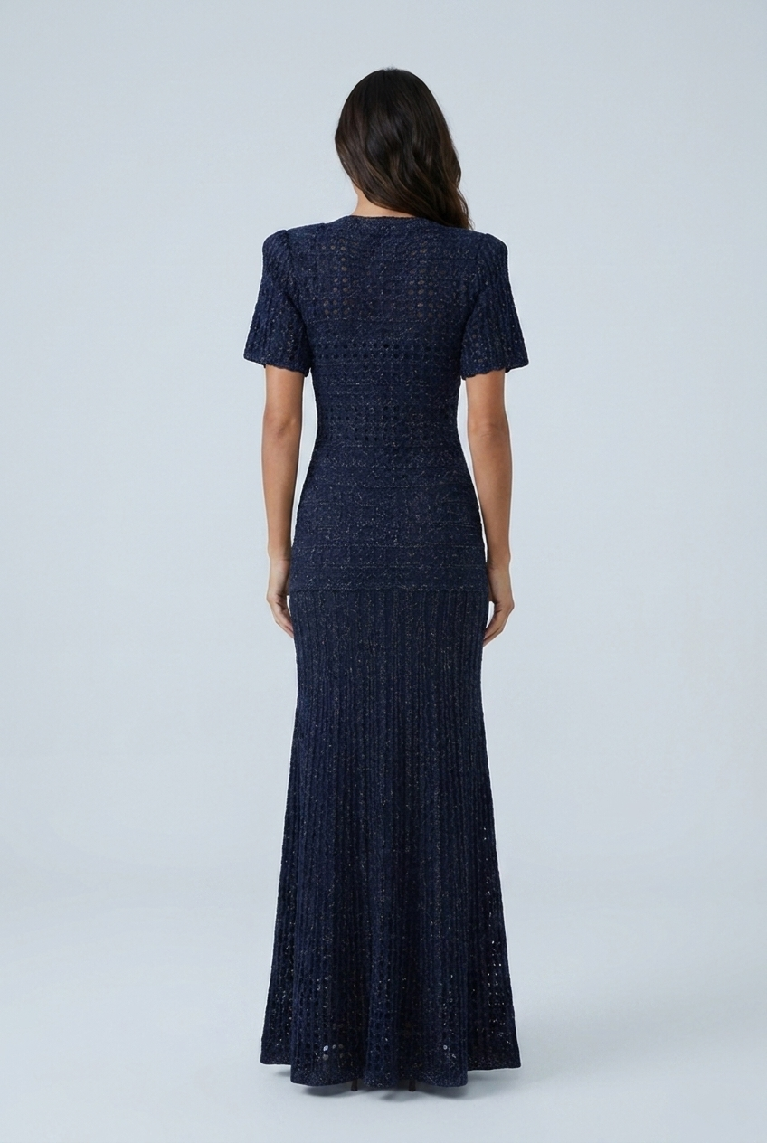 Navy abito lungo maglia traforata luccicante bottoni