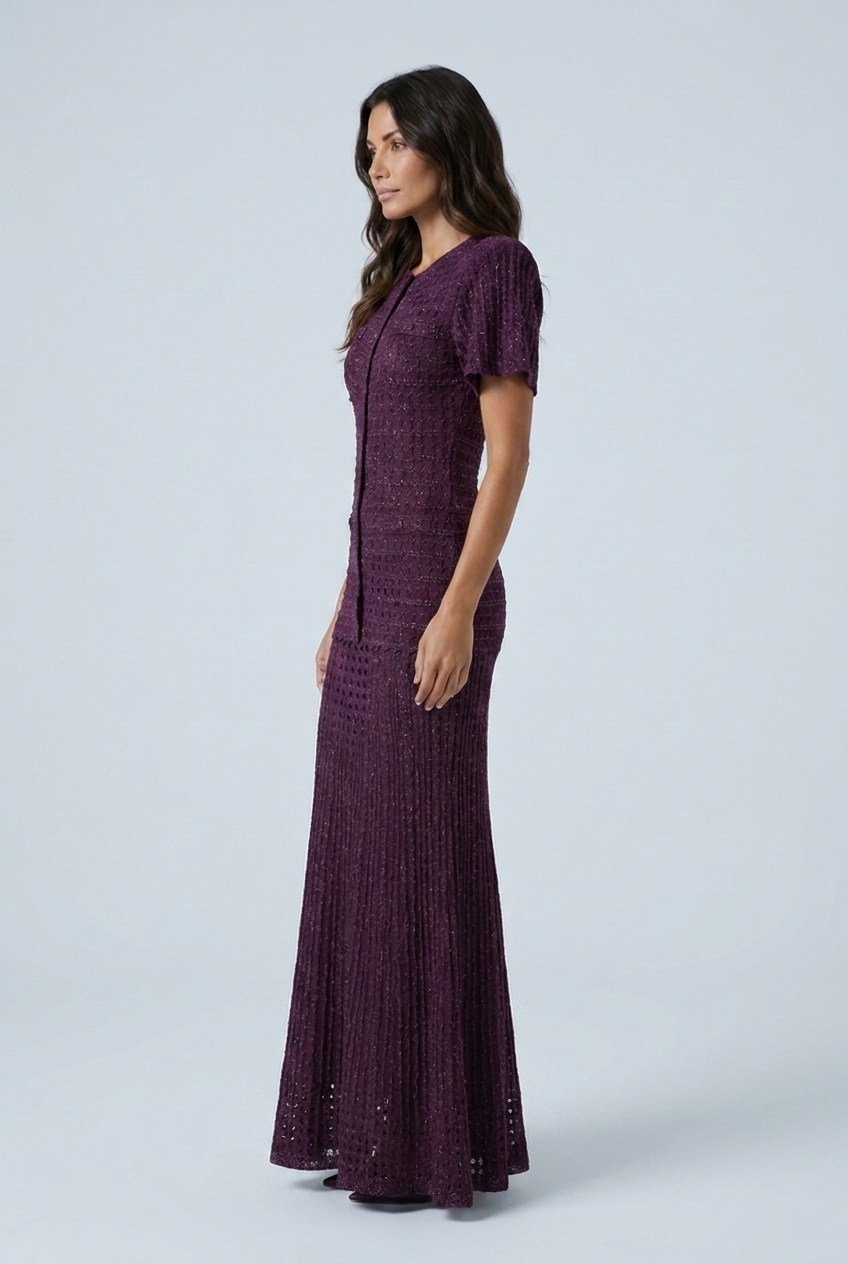 Purple abito lungo maglia traforata luccicante bottoni