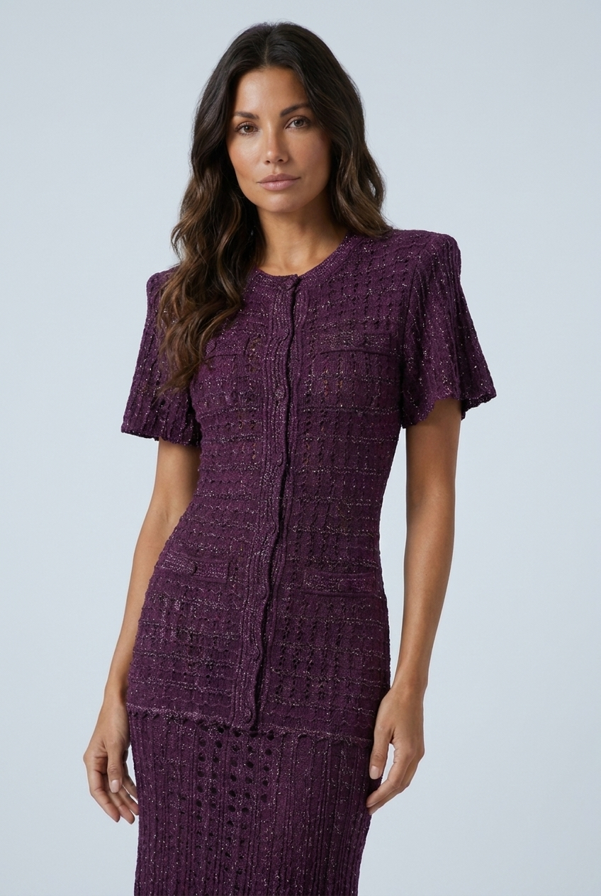 Purple abito lungo maglia traforata luccicante bottoni
