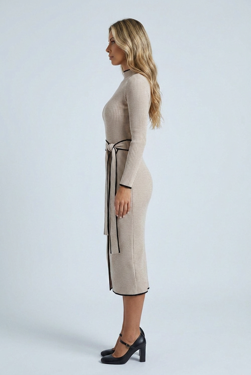 Beige abito midi maglia a costine aderente manica lunga girocollo