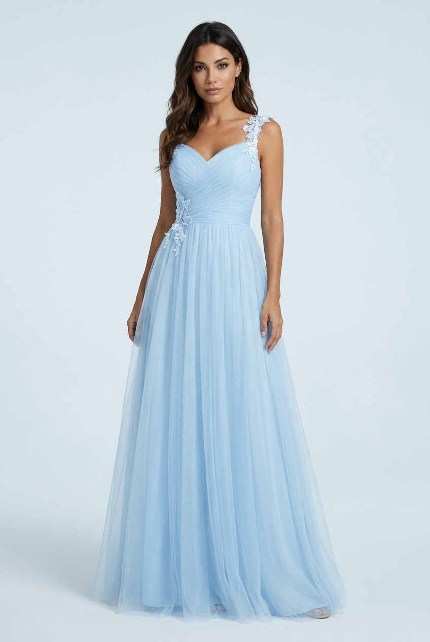 Light Blue abito lungo cerimonia tulle damigella scollo a cuore