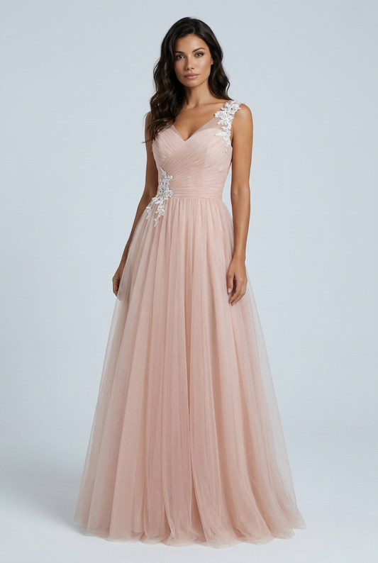 Pink abito lungo cerimonia tulle damigella scollo a cuore
