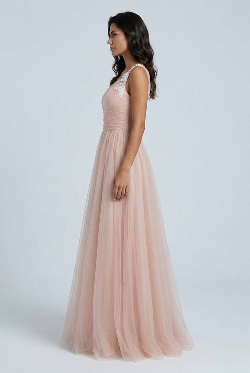 Pink abito lungo cerimonia tulle damigella scollo a cuore