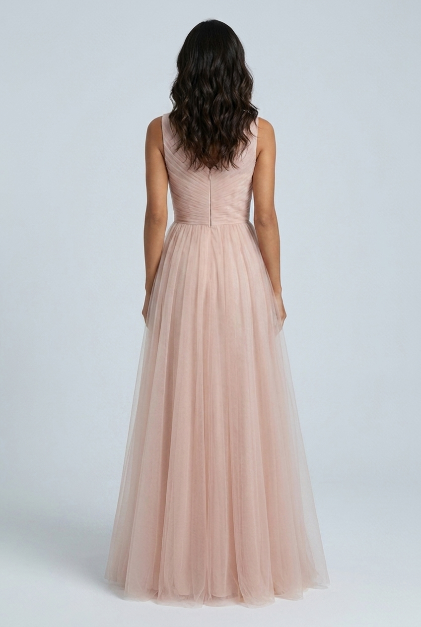 Pink abito lungo cerimonia tulle damigella scollo a cuore