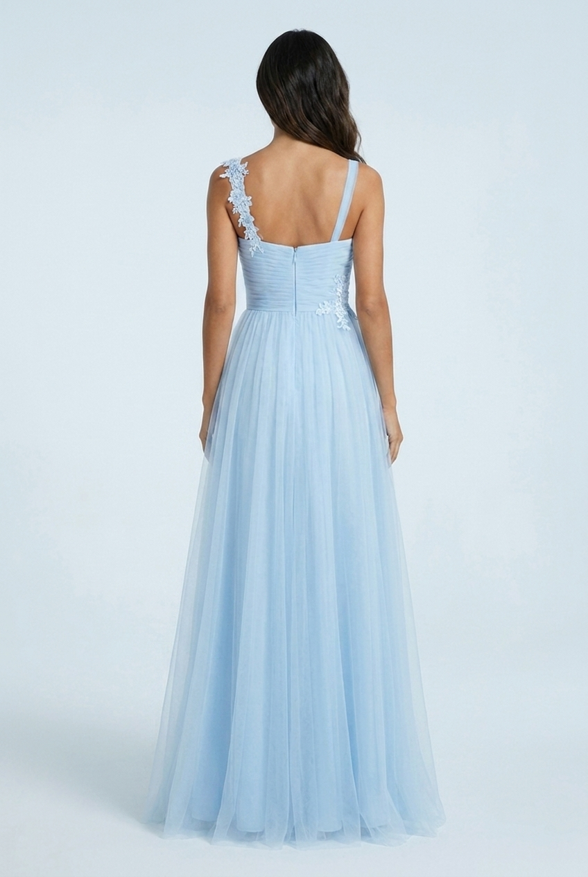 Light Blue abito lungo cerimonia tulle damigella scollo a cuore