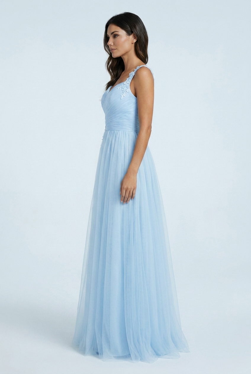 Light Blue abito lungo cerimonia tulle damigella scollo a cuore