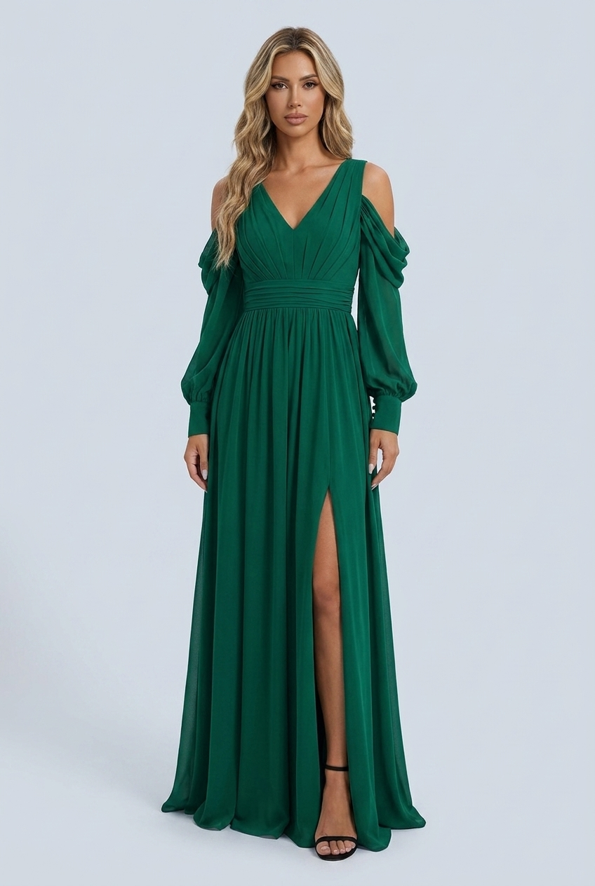 Green abito lungo chiffon verde smeraldo scollo v plisse maniche a sbuffo