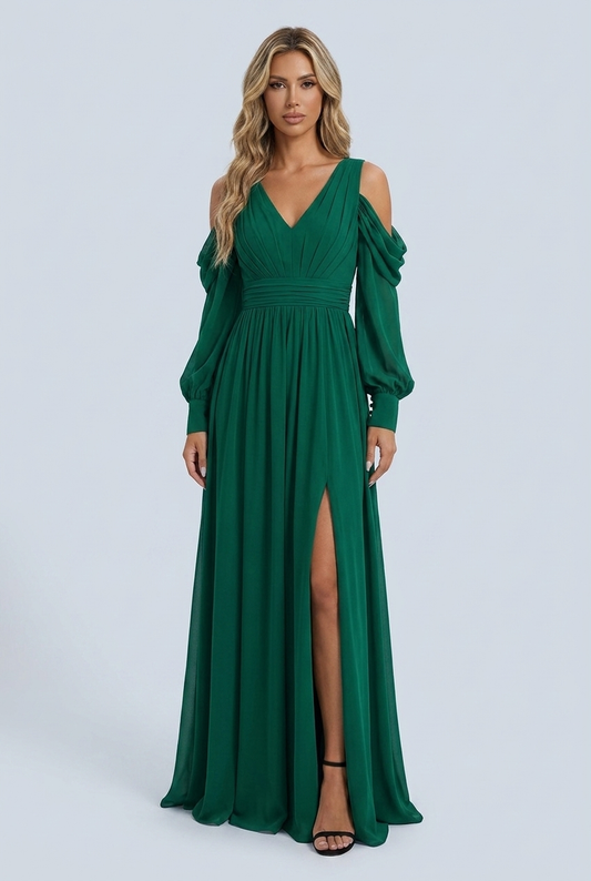 Green abito lungo chiffon verde smeraldo scollo v plisse maniche a sbuffo