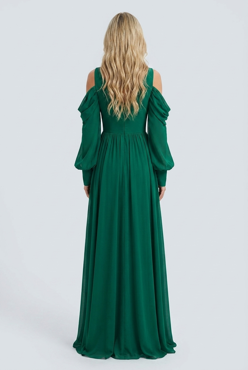 Green abito lungo chiffon verde smeraldo scollo v plisse maniche a sbuffo