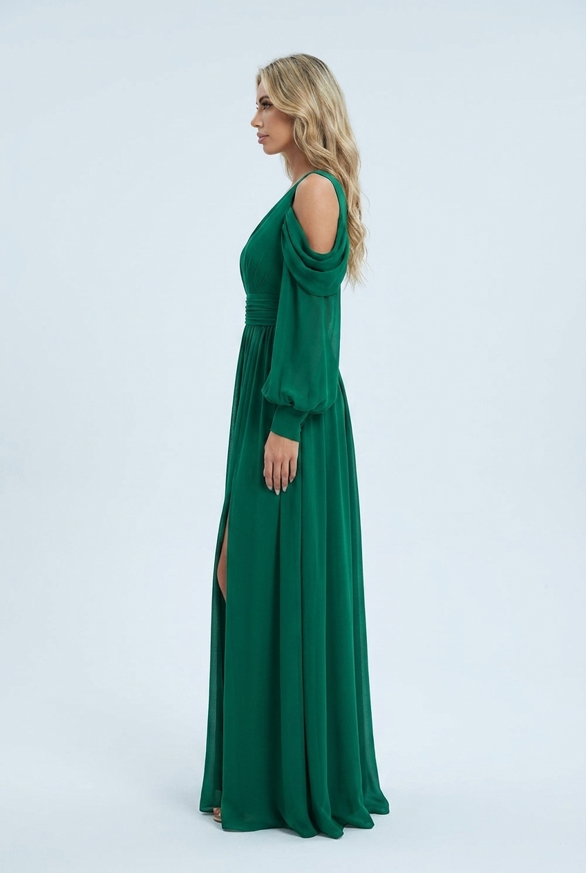 Green abito lungo chiffon verde smeraldo scollo v plisse maniche a sbuffo