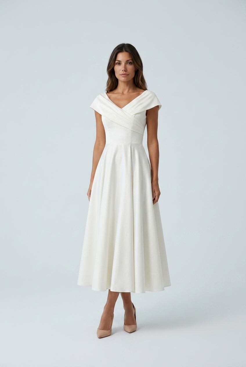 White abito midi raso linea a scollo portrait a risvolto