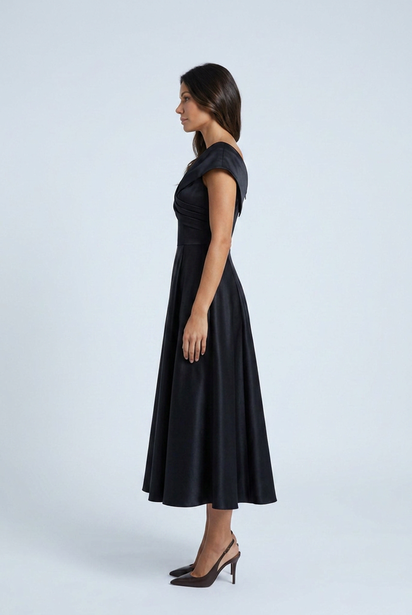 Black abito midi raso linea a scollo portrait a risvolto