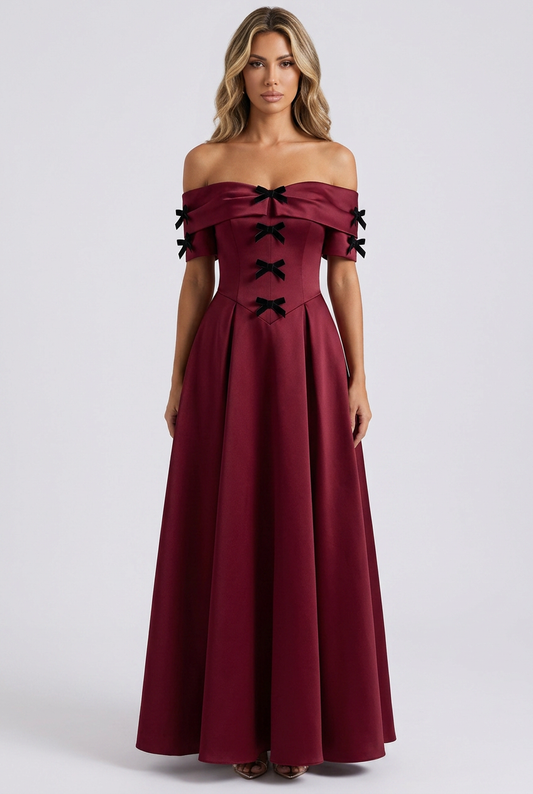 Burgundy abito lungo raso bordeaux off shoulder spalle scoperte linea a