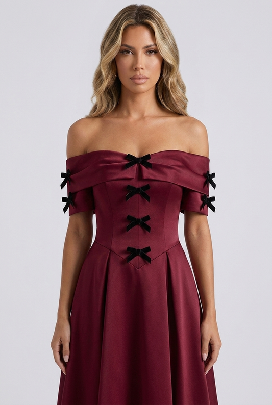 Burgundy abito lungo raso bordeaux off shoulder spalle scoperte linea a