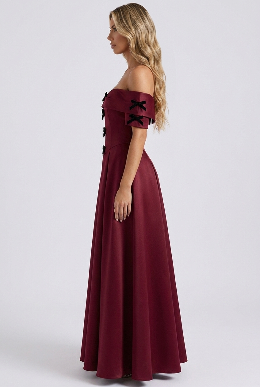 Burgundy abito lungo raso bordeaux off shoulder spalle scoperte linea a