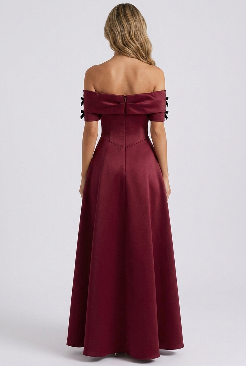 Burgundy abito lungo raso bordeaux off shoulder spalle scoperte linea a