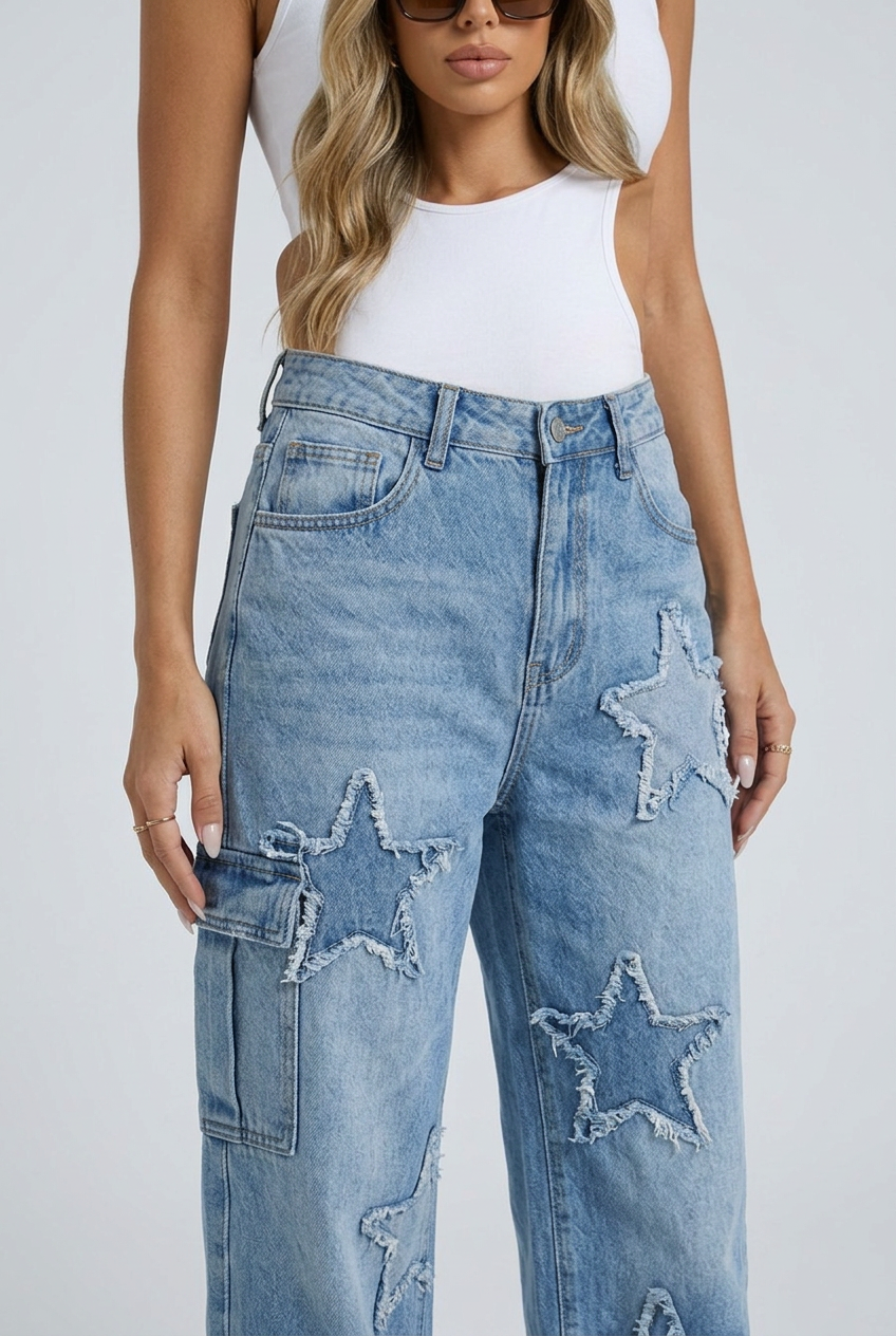 Light Blue jeans cargo baggy toppe stelle sfrangiate closeup