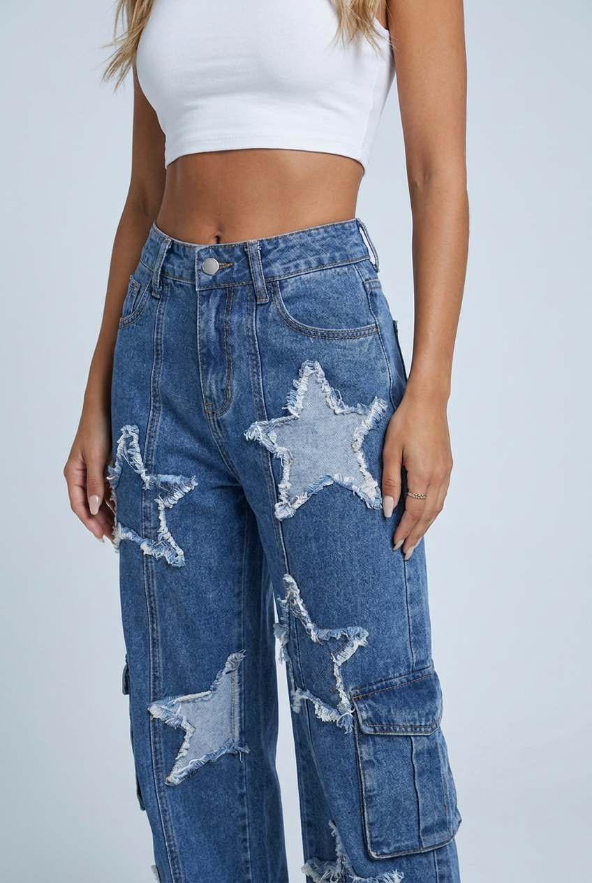 Mid Blue jeans cargo baggy toppe stelle sfrangiate closeup