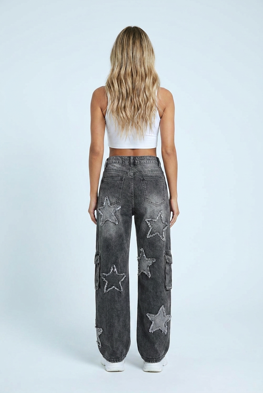 Washed Black jeans cargo baggy toppe stelle sfrangiate back
