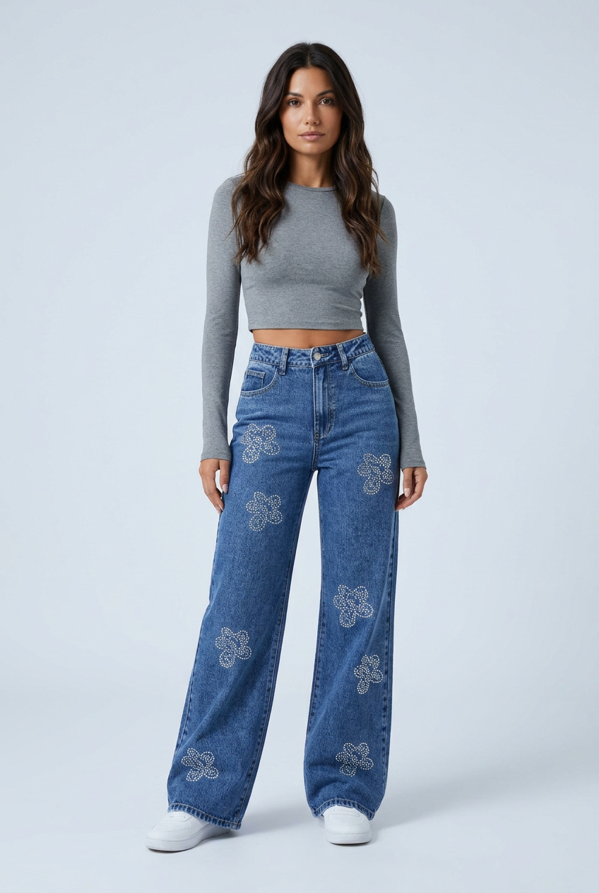 Mid Blue jeans larghi fiori strass blu front